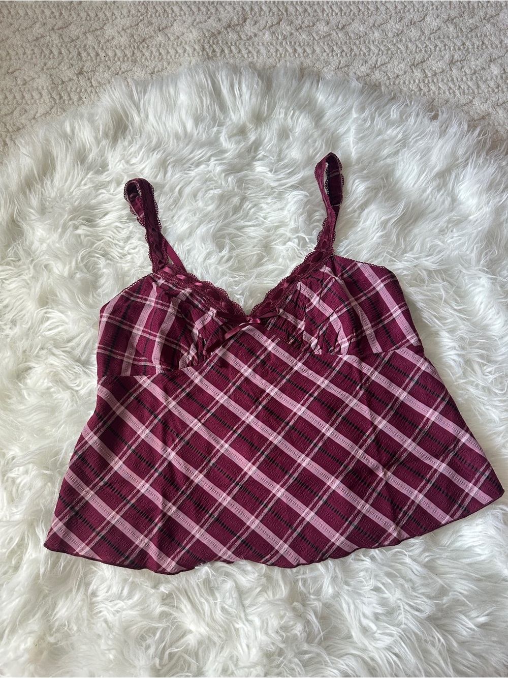No Boundaries Burgundy Plaid Lace-Trim Cami